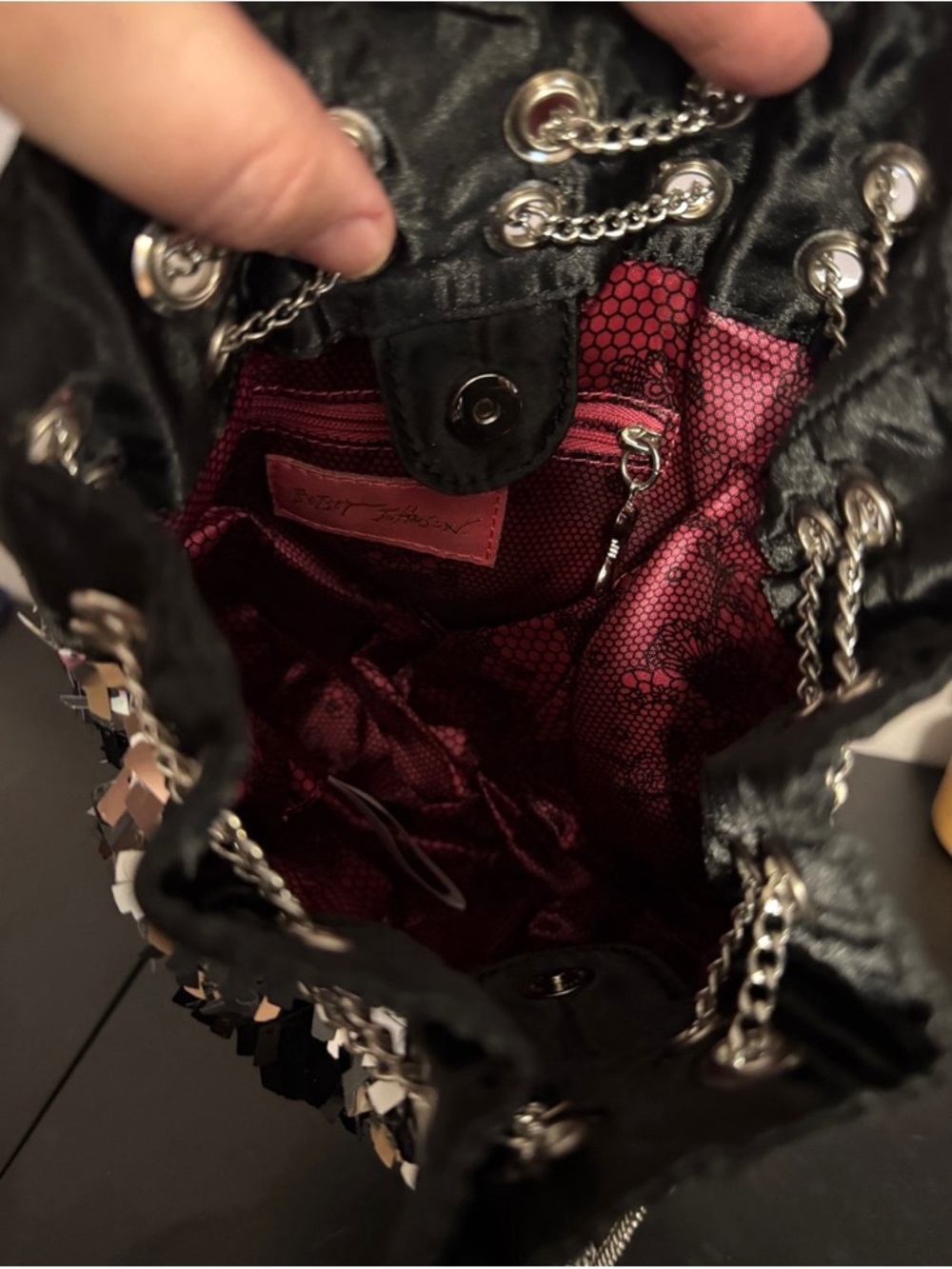 Betsey Johnson Black and Silver Sequin Chain Bucket Bag - Picture 3 of 7